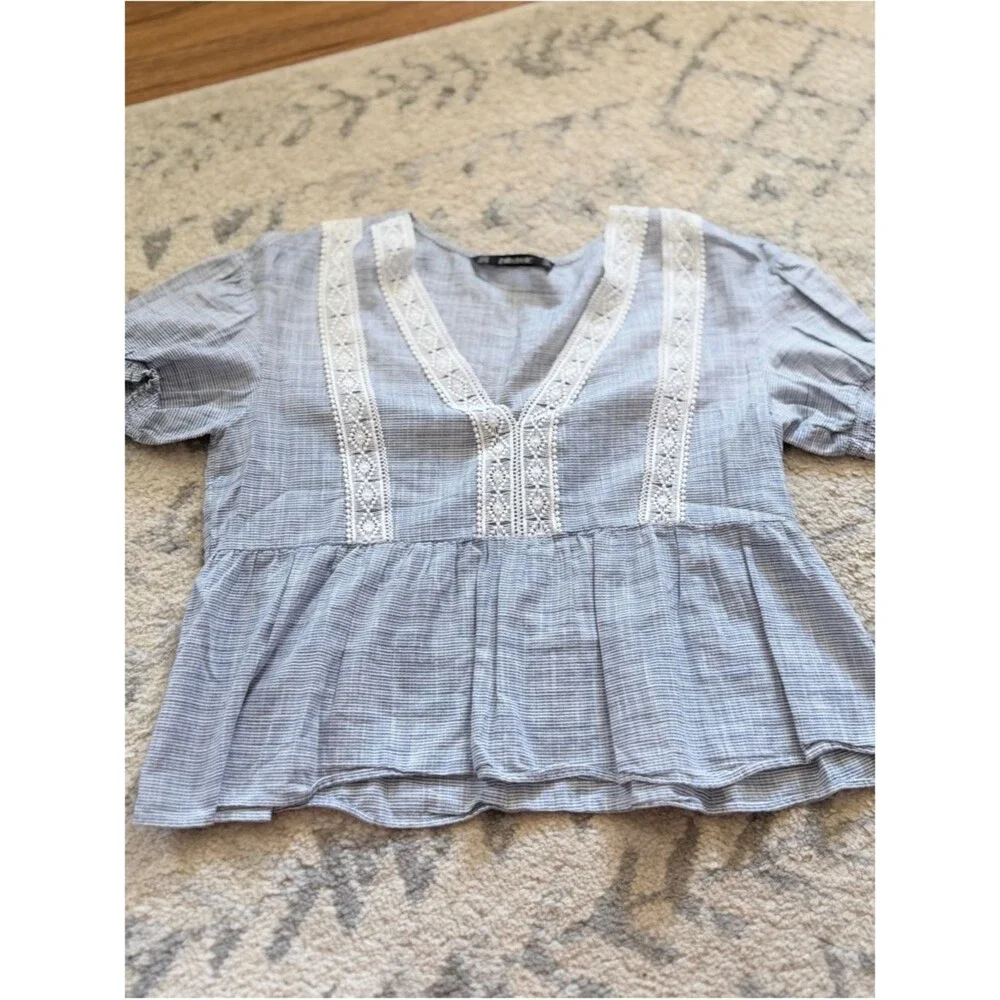 Zara Light Blue V-Neck Lace-Trim Peplum Blouse